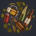 Round floral design on dark background with rye, hop, mug of beer, bottles of beer, aluminum can Royalty Free Stock Photo