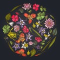 Round floral design on dark background with ylang-ylang, impatiens, daffodil, tigridia, lotus, aquilegia