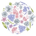 Round floral design with pastel anemone, lavender, rosemary everlasting, phalaenopsis, lily, iris