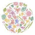 Round floral design with pastel ylang-ylang, impatiens, daffodil, tigridia, lotus, aquilegia