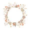 Round floral frame from field plants and flowers on a white background. Autumn colors floral motifs.