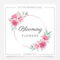 Round floral frame premade logo with blush and burgundy flowers. Editable floral badge for wedding or branding Royalty Free Stock Photo