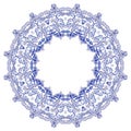 Round floral frame in the style of ethnic mandala painting on porcelain. Stylisation by Russian gzhel style.