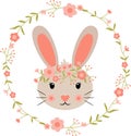 Round flower wreath with spring bunny face