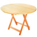 Round folding wooden table for outdoor recreation.