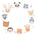 Round frame with animal faces, giraffe, tiger, lemur, penguin, zebra bear, panda, deer, raccoon. Design template for