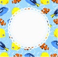 round frame on a background in marine style with a beautiful aquarium fish. template for photo frame or album, or congratulations Royalty Free Stock Photo