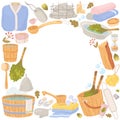 Round frame banner with sauna bath tools and equipment