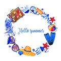 Round frame with beach objects and sealife. Hand drawn watercolor illustration