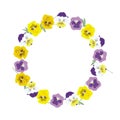 Round frame of beautiful flowers a Pansy. Summer wreath with green leaves. Vector