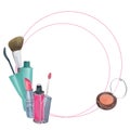 Watercolor illustrations. Mascara, blush, brush, lipstick, lip gloss, earrings, cosmetic bag, tubes of cream, macarons