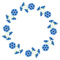 Round frame with blooming blue flowers cornflowers. Postcard napkin, decoration. Vector illustration. Floral pattern for