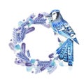 Round frame of blue feathers a blue jay isolated on a white background. Watercolor illustration of a wreath of bird feathers. The Royalty Free Stock Photo