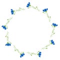 Round frame with blue flowers cornflowers. Postcard napkin, decoration. Vector illustration. Floral pattern for wedding