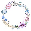 Round frame with blue forget-me-not flowers, snowberry branches and fantasy blue, purple and lilac flowers. Floral wreath with Royalty Free Stock Photo