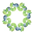 Round frame with blueberries with green leaves. Copy space