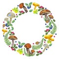 Round frame botanical wreath: edible mushrooms, leaves and berries, fern, snail, grass, cranberry, mountain ash. Hand