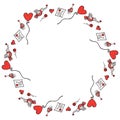 A round frame of bright red hearts, singing birds, roses, balloons, cakes and letters with declarations of love on a white backgro