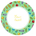 Round frame with candies and lollipops on green background.