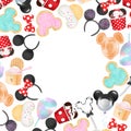 Round frame, card template with hand drawn cartoon characters sweets ice cream, cookies and waffles and souvenirs