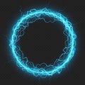 Round frame with charged energy elementary particle, glowing lightning, electric element. Isolated on transparent