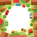 Round frame city street. Fragment of a small town. Top View from above. Cartoon cute style illustration. Isolated on Royalty Free Stock Photo