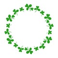 Round frame with clover leaves.Magical plant. Decoration for St. Patrick`s Day with trefoils and quatrefoils. Shamrock. Irish