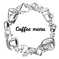 Round frame with coffee glass and mugs, cakes and croissants. Cafe munu cover design template. Vector hand drawn illustration Royalty Free Stock Photo