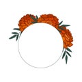 Round frame with colored sketch of marigolds with leaves and copy space. Invitation cards with flowerhead. Vector natural template