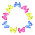 Round frame. Colorful butterflies: yellow, pink, blue. Hand drawn watercolor illustration. Isolated on white background. Royalty Free Stock Photo
