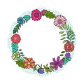 Round frame with color doodle flowers and leaves Royalty Free Stock Photo