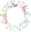 Round frame of colorful flowers and cats, birds