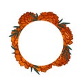 Round frame with colorful sketch of marigolds and copy space. Invitation cards with flowerhead and leaves. Vector outline natural