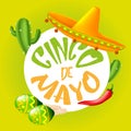 Round frame consists of vector elements and icons to 5th of May Cinco de Mayo holiday - Mexican cactus, sombrero hat, red chili Royalty Free Stock Photo