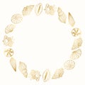 Round frame from contour golden seashells. Decor element, invitation vector