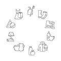 Round frame with copy space. Set of contour isolated vector icons. Home stuffs, food, clothes shoes, toys. Product categories for