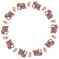 Round frame with cute cartoon elephants and dancing monkeys