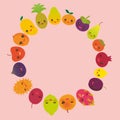 Round frame cute funny kawaii fruit Pear Mangosteen tangerine pineapple papaya persimmon pomegranate lime apricot plum dragon frui