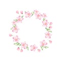 Round frame of delicate Apple flowers. Watercolor illustration. Isolated on a white background. Perfect for decorating