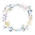 Round frame with delicate white roses and snowberry branches. Floral wreath with flowers, berries, leaves and herbs isolated on Royalty Free Stock Photo