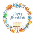 Round frame design template with traditional Hanukkah objects. Menorah, dreidels, donuts. Hand drawn watercolor and color graphic