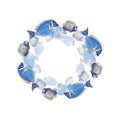 Round frame of a flock of blue fish on a white background. Watercolor illustration of tropical animals and underwater inhabitants