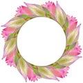 Watercolor round frame of floral botanical lotus flowers and buds.