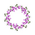 Round frame with floral elements of sweet pea flowers and leaves