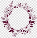 Round frame floral ornament on transparent background. Flowers and leaves, butterfly summer season