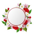 Round frame with flower bouquet from rose, daisy, cherry flower