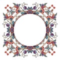 Round frame with flowers, hearts and birds on white background. Royalty Free Stock Photo