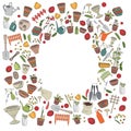 Round frame with gardening tools, flower pots and Royalty Free Stock Photo