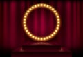 Round frame with glowing shiny light bulbs, vector illustration. Shining party banner on red curtain background and stage podium.