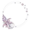 A round frame with gray rings, shells, a starfish and pearls of pink and lilac colors. Watercolor illustration, isolate Royalty Free Stock Photo